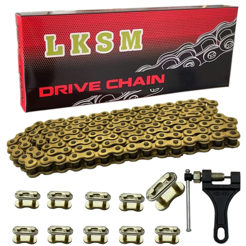 LUSM 420 Motorcycle Gold Chain 132 Link Standard Roller Chain with Chain Breaker 10 Connecting Master Link for 100cc 110cc 125cc Dirt Pit Bike ATV Quad Go Kart Scooter - Image 1